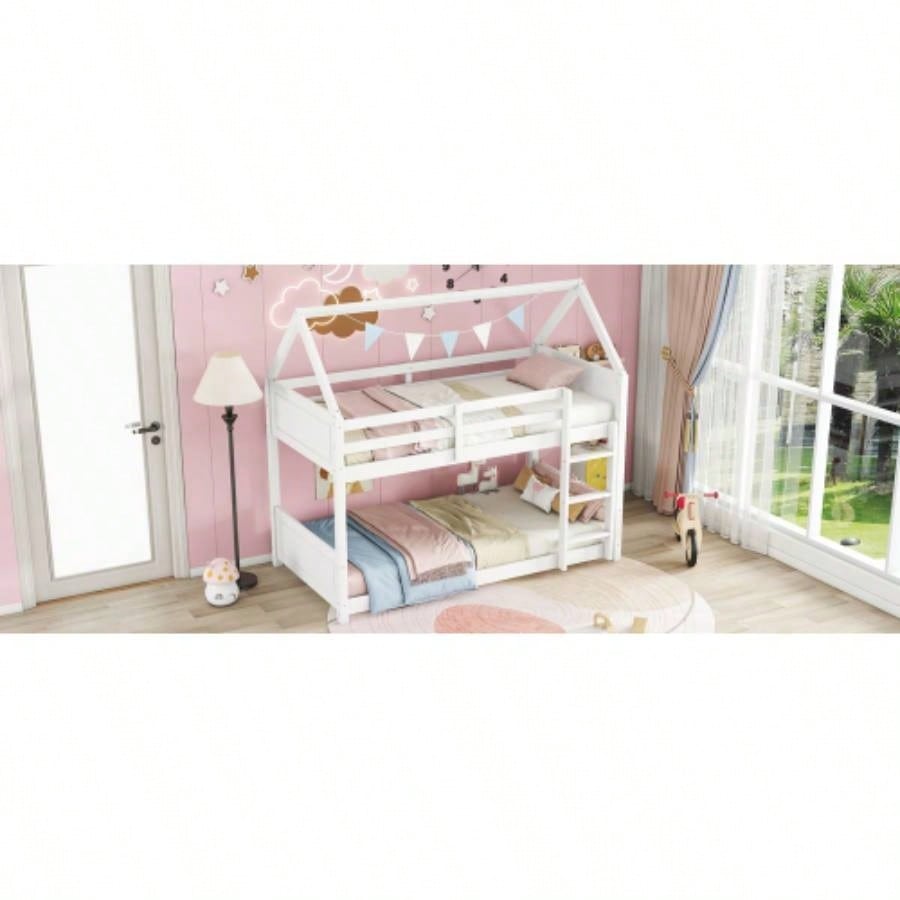 Twin Over Twin House Floor Bunk Bed with Headboards, Footboards and Guardrails, Ladder, Rubber Wood Bunk Bed with Safety Guardrails, White