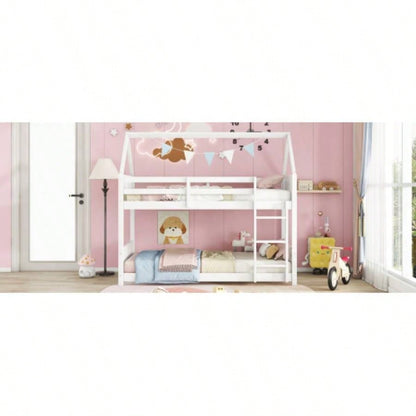 Twin Over Twin House Floor Bunk Bed with Headboards, Footboards and Guardrails, Ladder, Rubber Wood Bunk Bed with Safety Guardrails, White