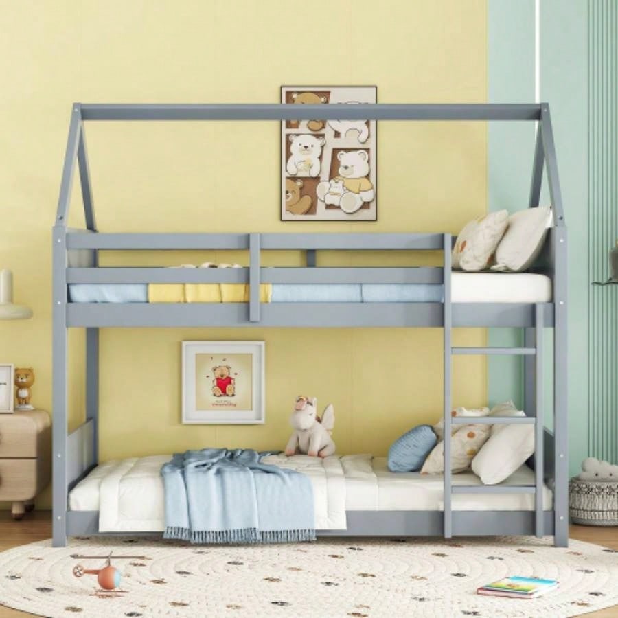 Twin Over Twin House Floor Bunk Bed with Headboards, Footboards and Guardrails, Ladder, Rubber Wood Bunk Bed with Safety Guardrails, White
