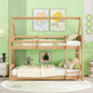 Twin Over Twin House Floor Bunk Bed with Headboards, Footboards and Guardrails, Ladder, Rubber Wood Bunk Bed with Safety Guardrails, White