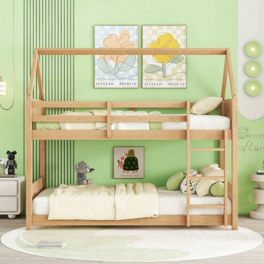 Twin Over Twin House Floor Bunk Bed with Headboards, Footboards and Guardrails, Ladder, Rubber Wood Bunk Bed with Safety Guardrails, White
