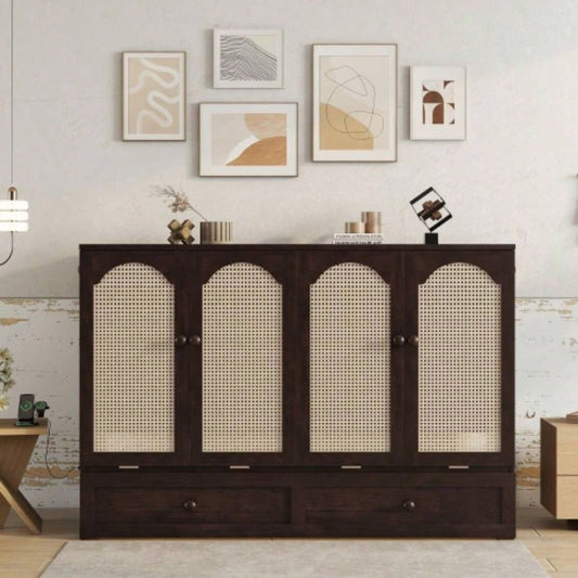 Size Murphy Bed, Pine Wood Cabinet Bed with Power Station and Rattan Decoration Panel, Espresso