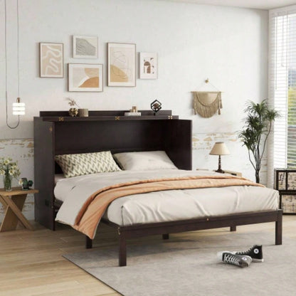 Size Murphy Bed, Pine Wood Cabinet Bed with Power Station and Rattan Decoration Panel, Espresso