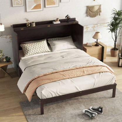 Size Murphy Bed, Pine Wood Cabinet Bed with Power Station and Rattan Decoration Panel, Espresso