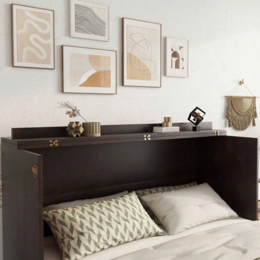Size Murphy Bed, Pine Wood Cabinet Bed with Power Station and Rattan Decoration Panel, Espresso