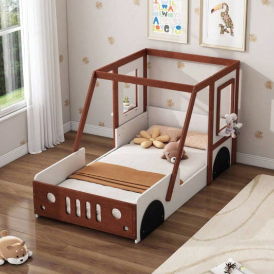 Fun Design Twin Size Car Bed, Kids Platform Bed in Car - Shaped Kids Boys Girls Teens, White+ Orange
