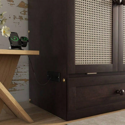 Size Murphy Bed, Pine Wood Cabinet Bed with Power Station and Rattan Decoration Panel, Espresso