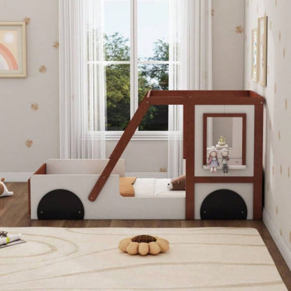 Fun Design Twin Size Car Bed, Kids Platform Bed in Car - Shaped Kids Boys Girls Teens, White+ Orange