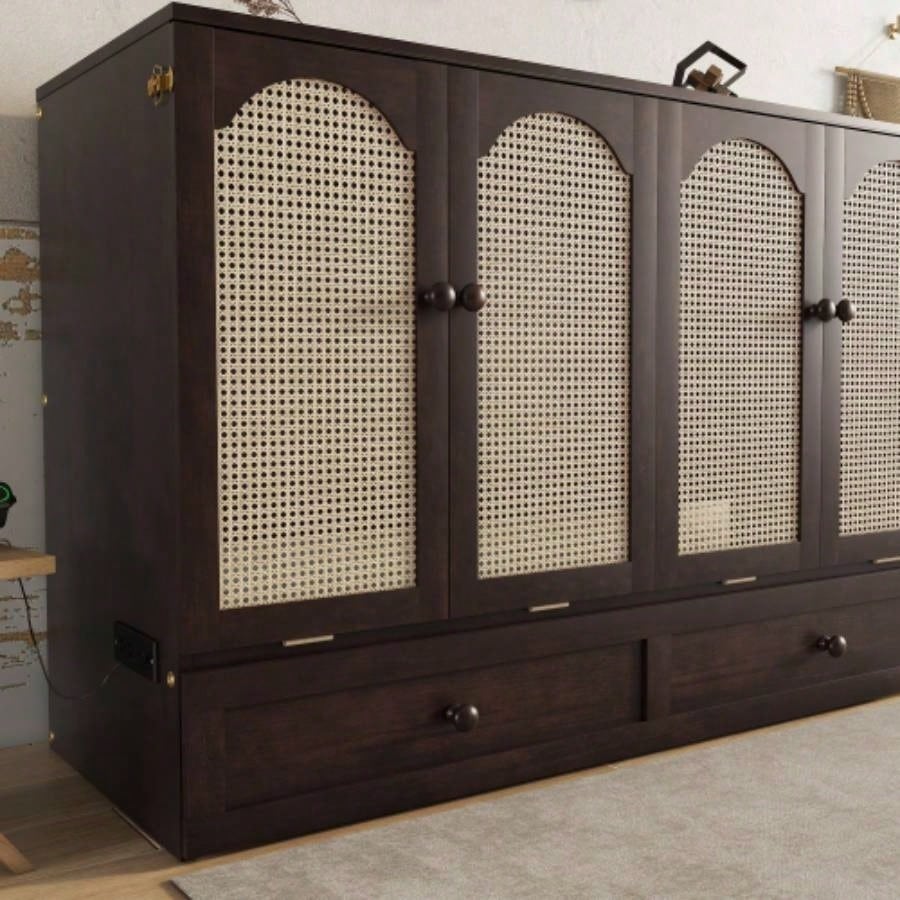 Size Murphy Bed, Pine Wood Cabinet Bed with Power Station and Rattan Decoration Panel, Espresso