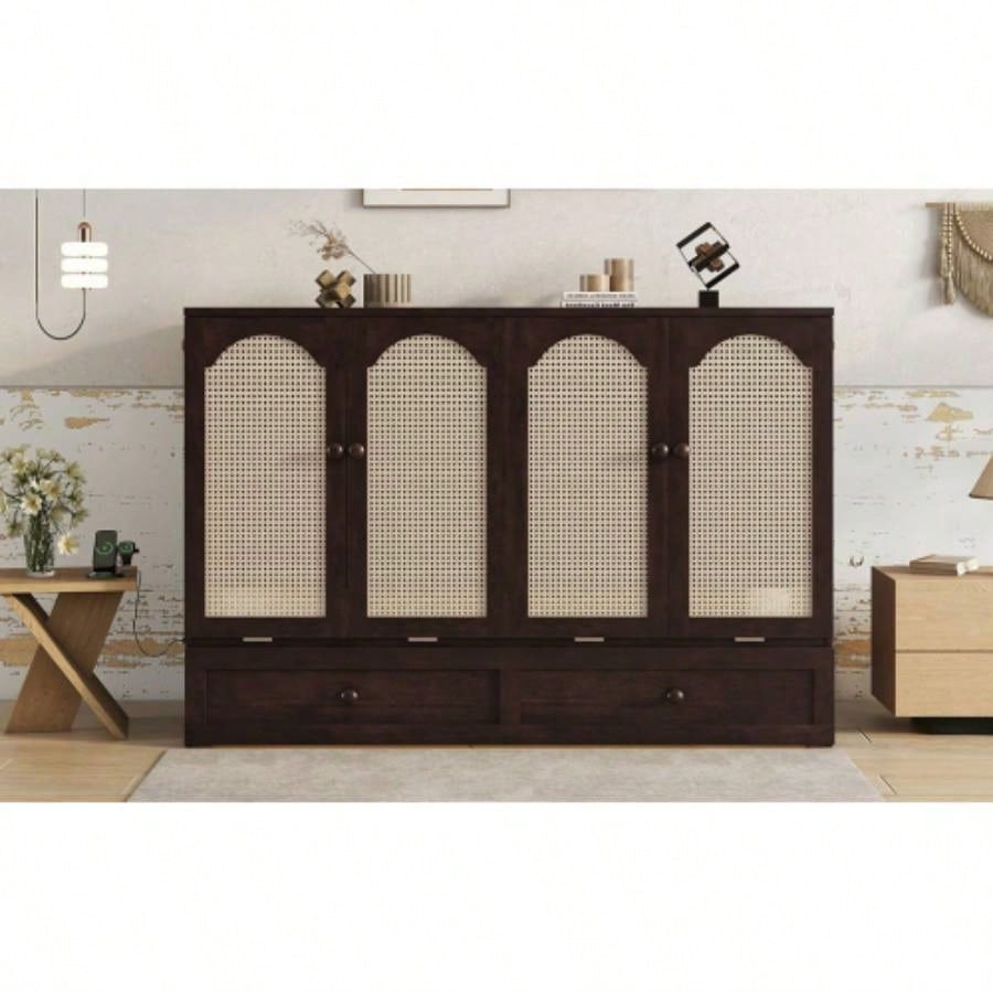 Size Murphy Bed, Pine Wood Cabinet Bed with Power Station and Rattan Decoration Panel, Espresso