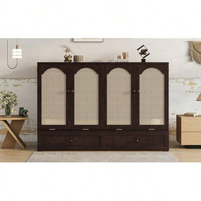 Size Murphy Bed, Pine Wood Cabinet Bed with Power Station and Rattan Decoration Panel, Espresso