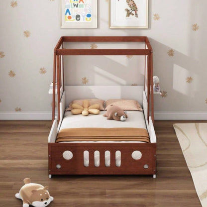 Fun Design Twin Size Car Bed, Kids Platform Bed in Car - Shaped Kids Boys Girls Teens, White+ Orange