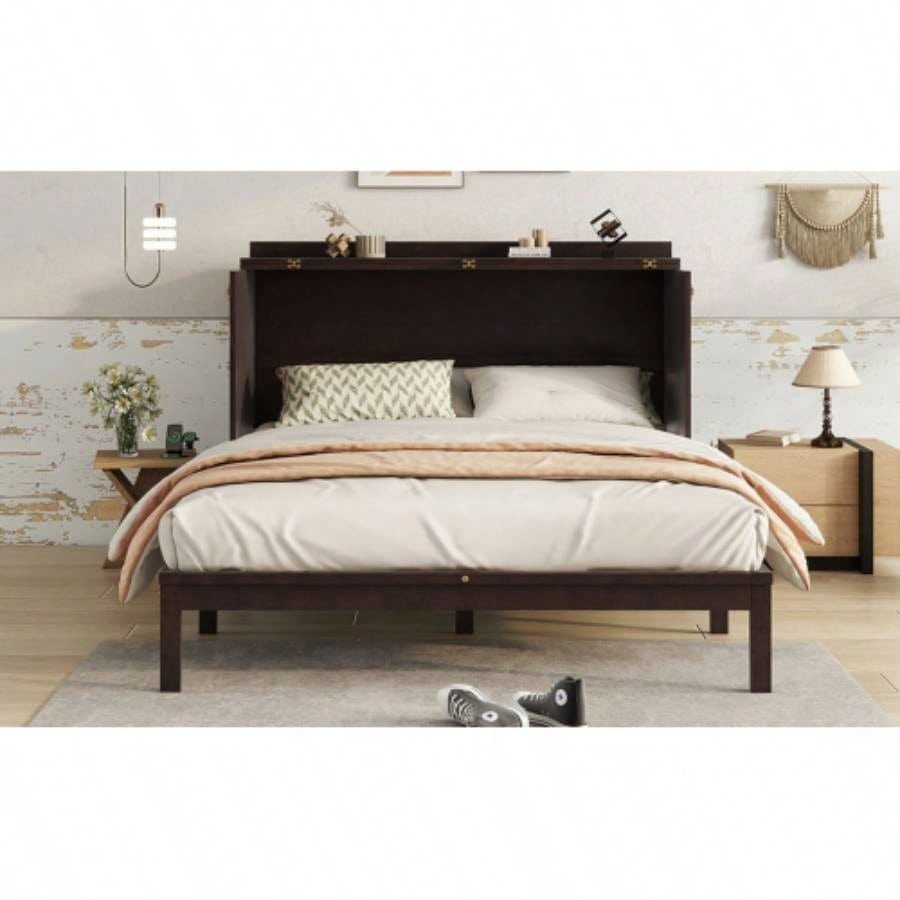 Size Murphy Bed, Pine Wood Cabinet Bed with Power Station and Rattan Decoration Panel, Espresso
