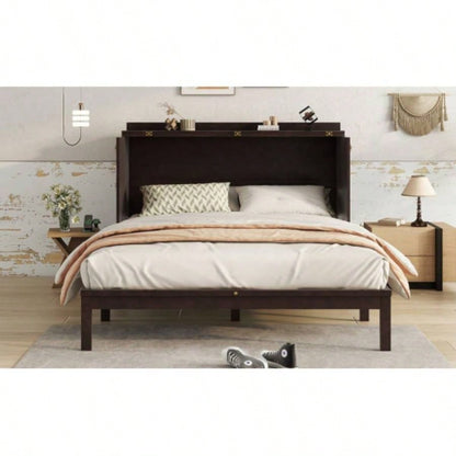 Size Murphy Bed, Pine Wood Cabinet Bed with Power Station and Rattan Decoration Panel, Espresso