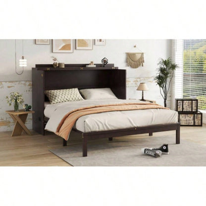 Size Murphy Bed, Pine Wood Cabinet Bed with Power Station and Rattan Decoration Panel, Espresso