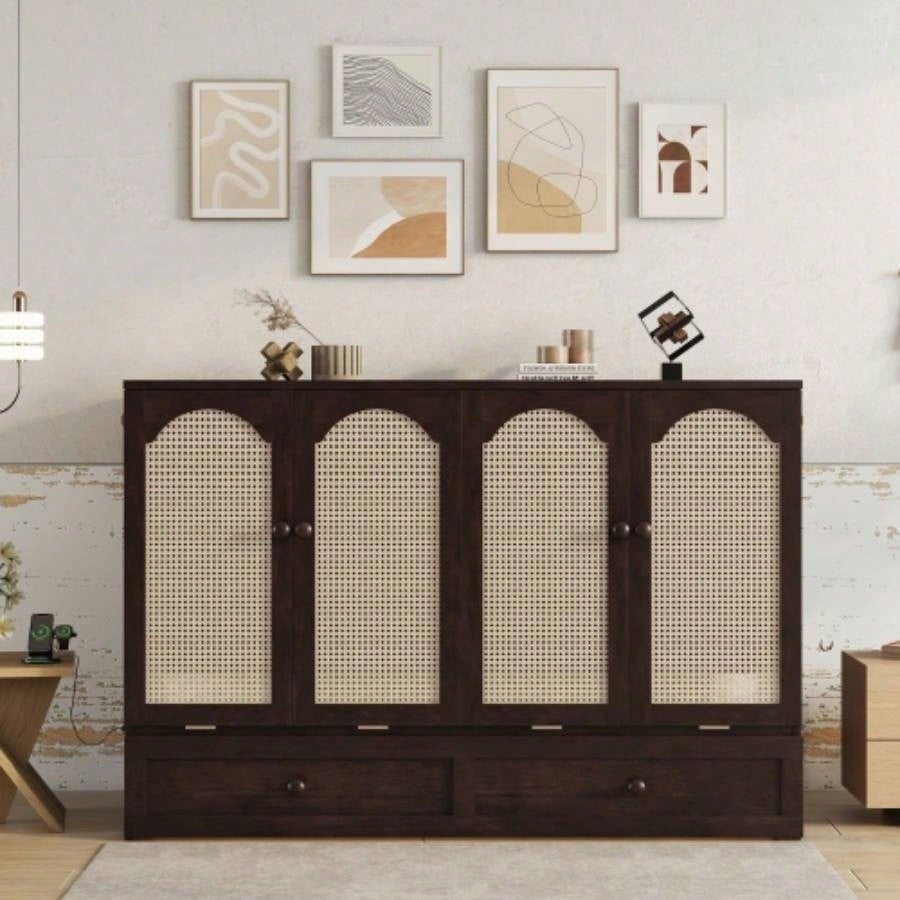 Size Murphy Bed, Pine Wood Cabinet Bed with Power Station and Rattan Decoration Panel, Espresso