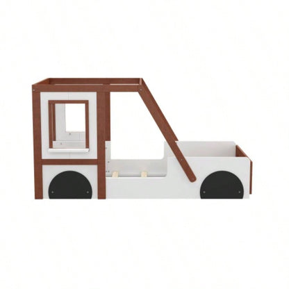 Fun Design Twin Size Car Bed, Kids Platform Bed in Car - Shaped Kids Boys Girls Teens, White+ Orange
