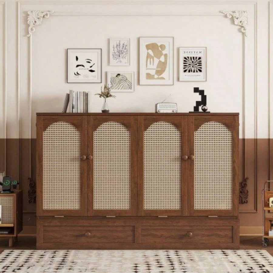 Size Murphy Bed, Pine Wood Cabinet Bed with Power Station and Rattan Decoration Panel, Espresso