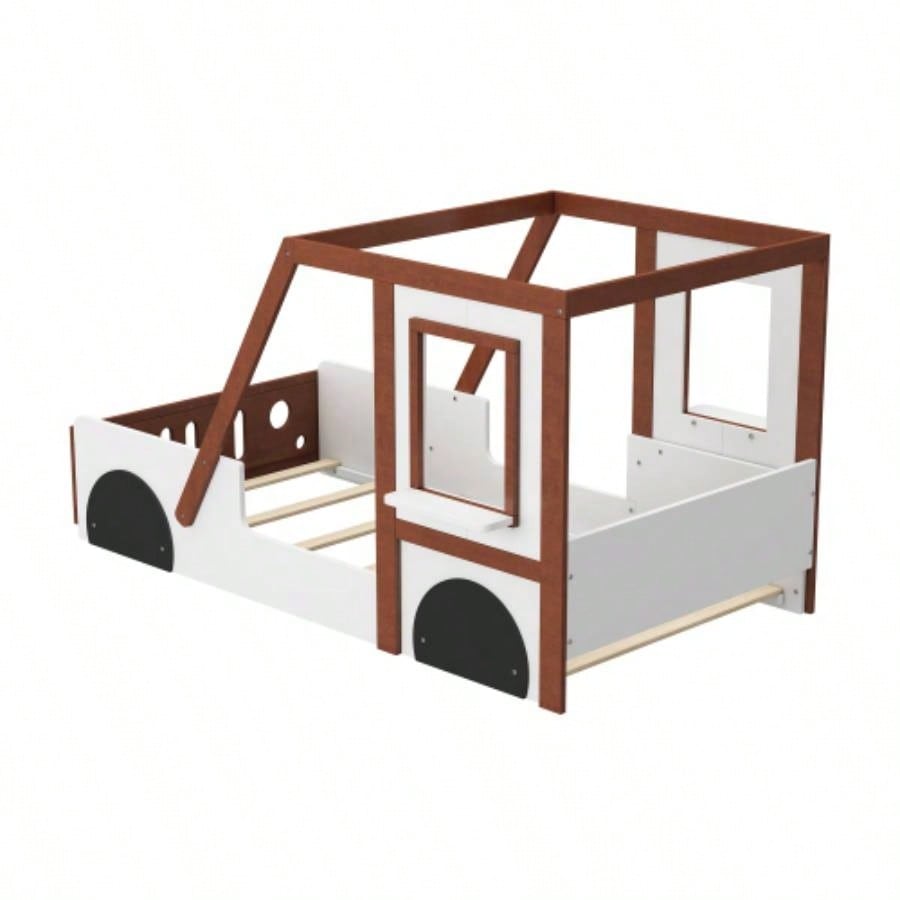Fun Design Twin Size Car Bed, Kids Platform Bed in Car - Shaped Kids Boys Girls Teens, White+ Orange