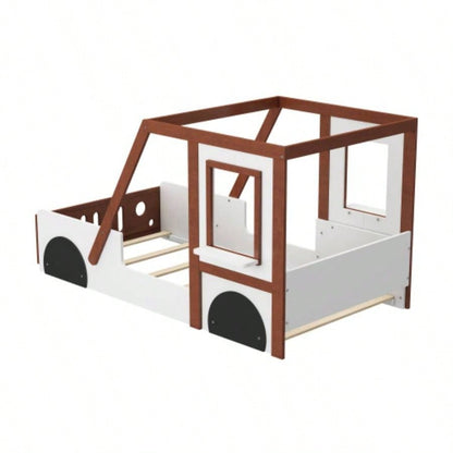 Fun Design Twin Size Car Bed, Kids Platform Bed in Car - Shaped Kids Boys Girls Teens, White+ Orange