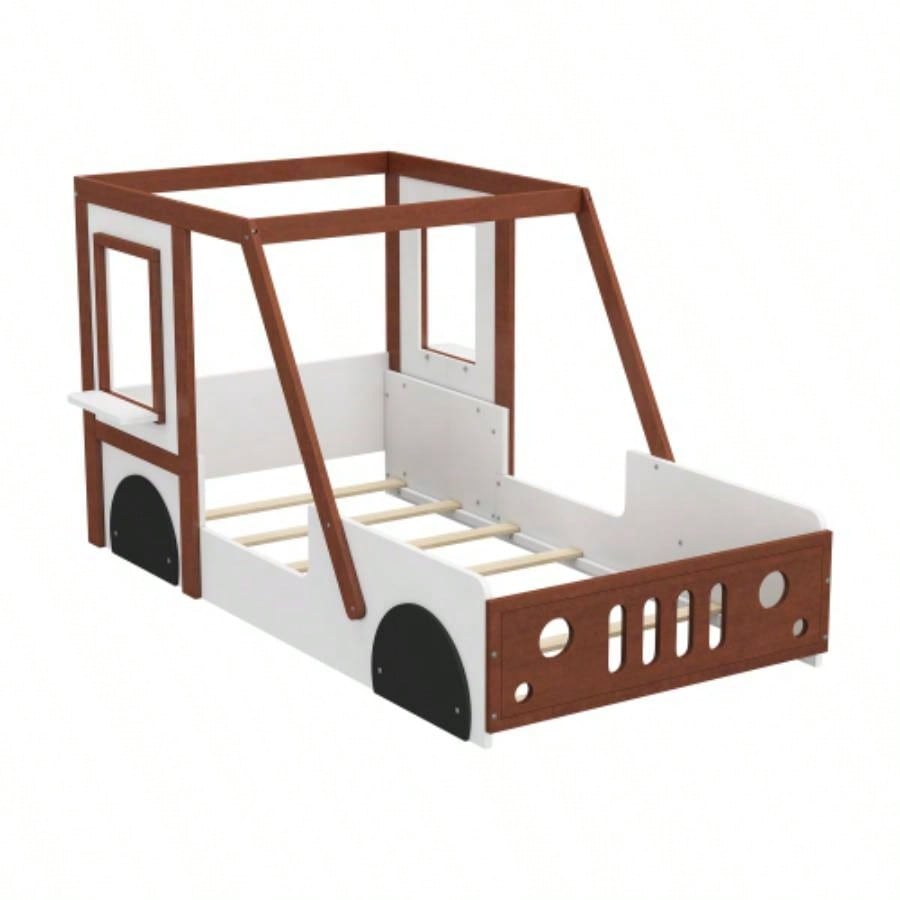 Fun Design Twin Size Car Bed, Kids Platform Bed in Car - Shaped Kids Boys Girls Teens, White+ Orange