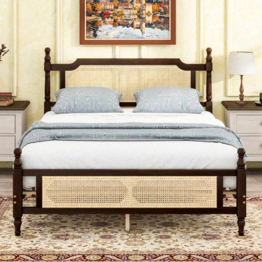Pine wooden Bed with Rattan Headboard and Footboard, with Central Enhanced Bed Platform, Espresso