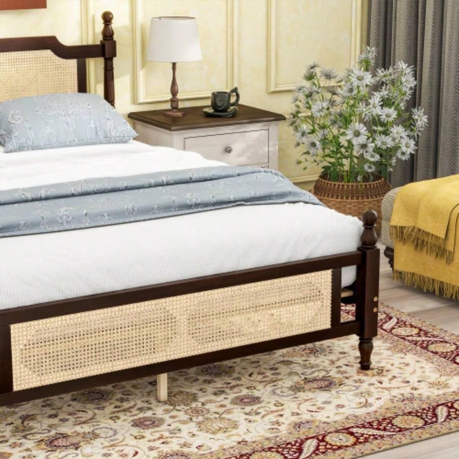 Pine wooden Bed with Rattan Headboard and Footboard, with Central Enhanced Bed Platform, Espresso