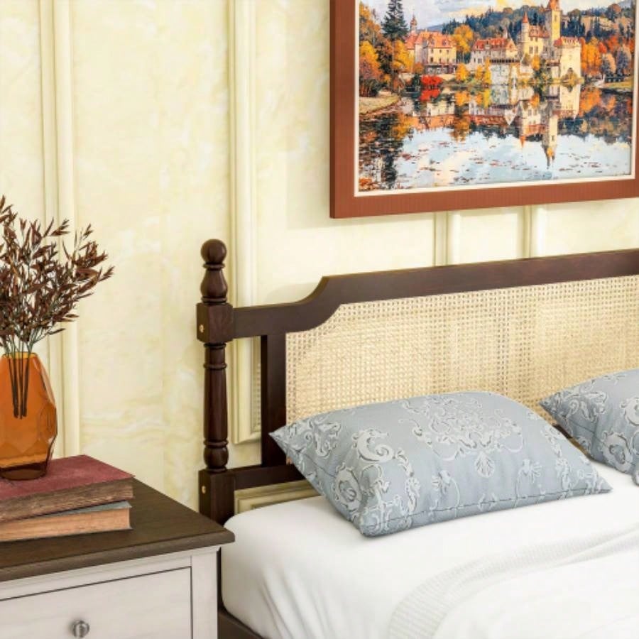 Pine wooden Bed with Rattan Headboard and Footboard, with Central Enhanced Bed Platform, Espresso
