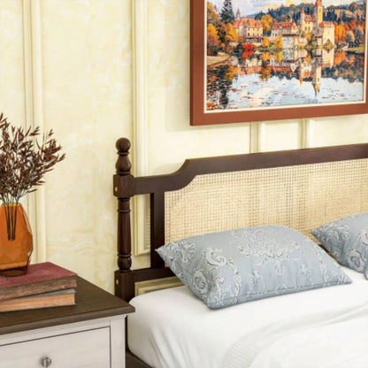 Pine wooden Bed with Rattan Headboard and Footboard, with Central Enhanced Bed Platform, Espresso