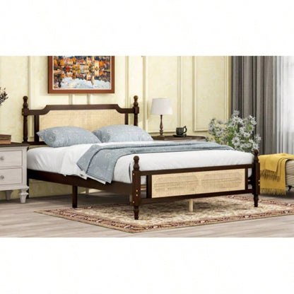 Pine wooden Bed with Rattan Headboard and Footboard, with Central Enhanced Bed Platform, Espresso