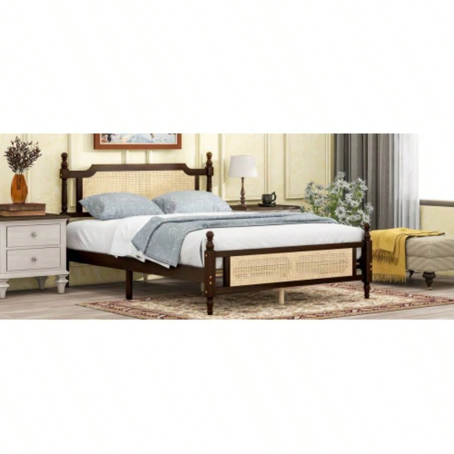 Pine wooden Bed with Rattan Headboard and Footboard, with Central Enhanced Bed Platform, Espresso