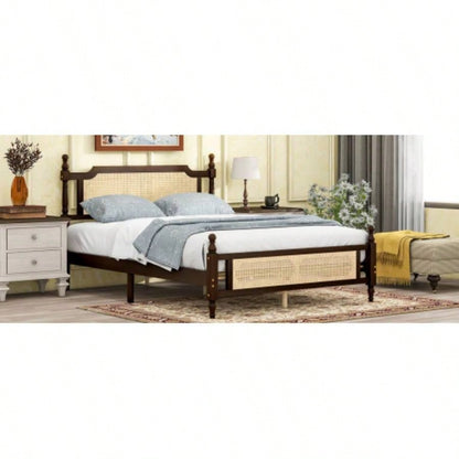 Pine wooden Bed with Rattan Headboard and Footboard, with Central Enhanced Bed Platform, Espresso