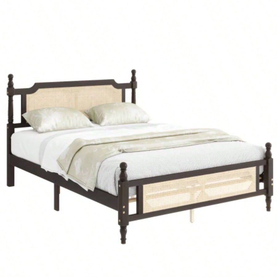 Pine wooden Bed with Rattan Headboard and Footboard, with Central Enhanced Bed Platform, Espresso