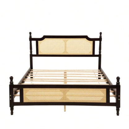 Pine wooden Bed with Rattan Headboard and Footboard, with Central Enhanced Bed Platform, Espresso