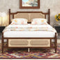 Pine wooden Bed with Rattan Headboard and Footboard, with Central Enhanced Bed Platform, Espresso