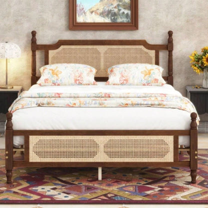 Pine wooden Bed with Rattan Headboard and Footboard, with Central Enhanced Bed Platform, Espresso