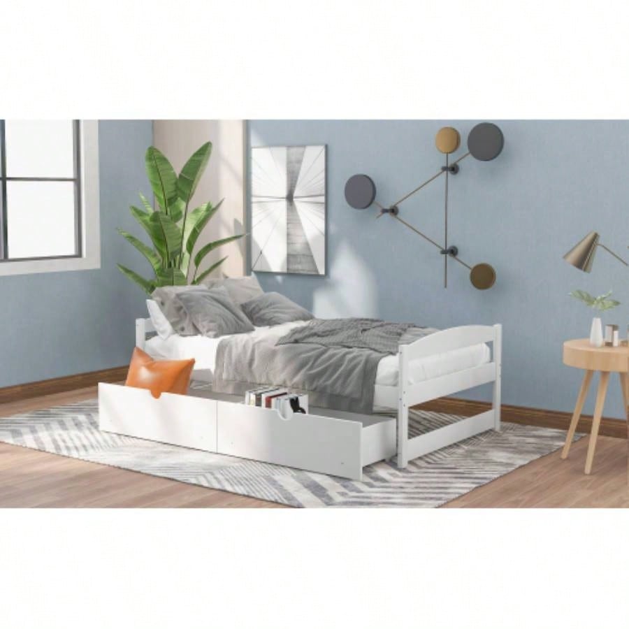 Twin size platform bed, with two drawers, white