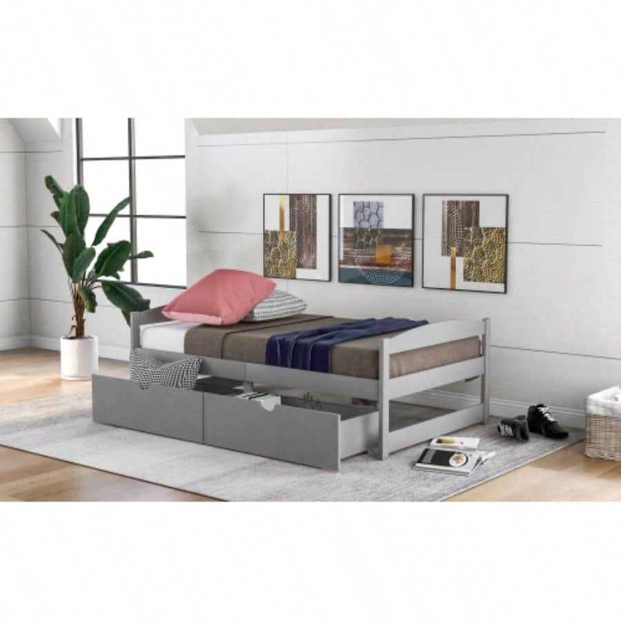 Twin size platform bed, with two drawers, gray