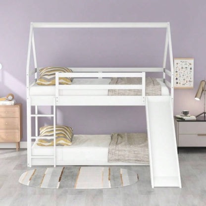 Twin Size Bunk House Bed with Slide and Ladder, White