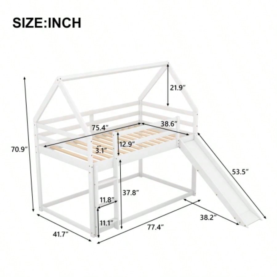 Twin Size Bunk House Bed with Slide and Ladder, White