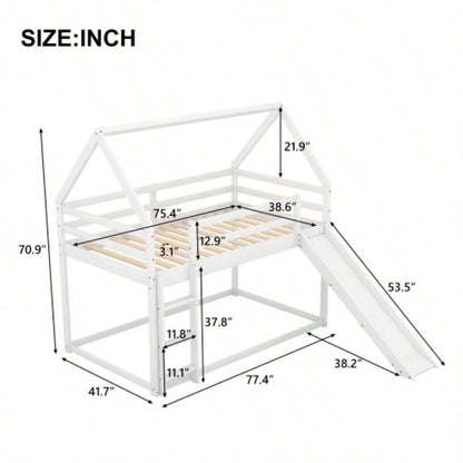 Twin Size Bunk House Bed with Slide and Ladder, White