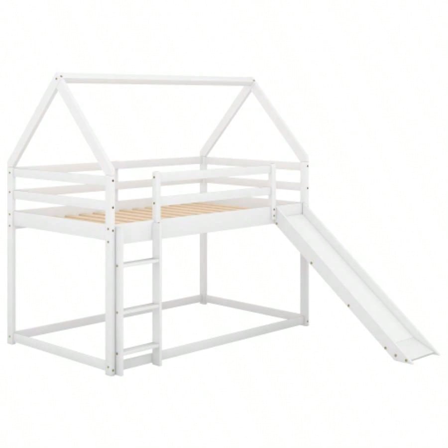 Twin Size Bunk House Bed with Slide and Ladder, White