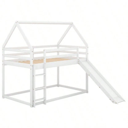Twin Size Bunk House Bed with Slide and Ladder, White