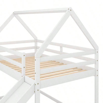 Twin Size Bunk House Bed with Slide and Ladder, White