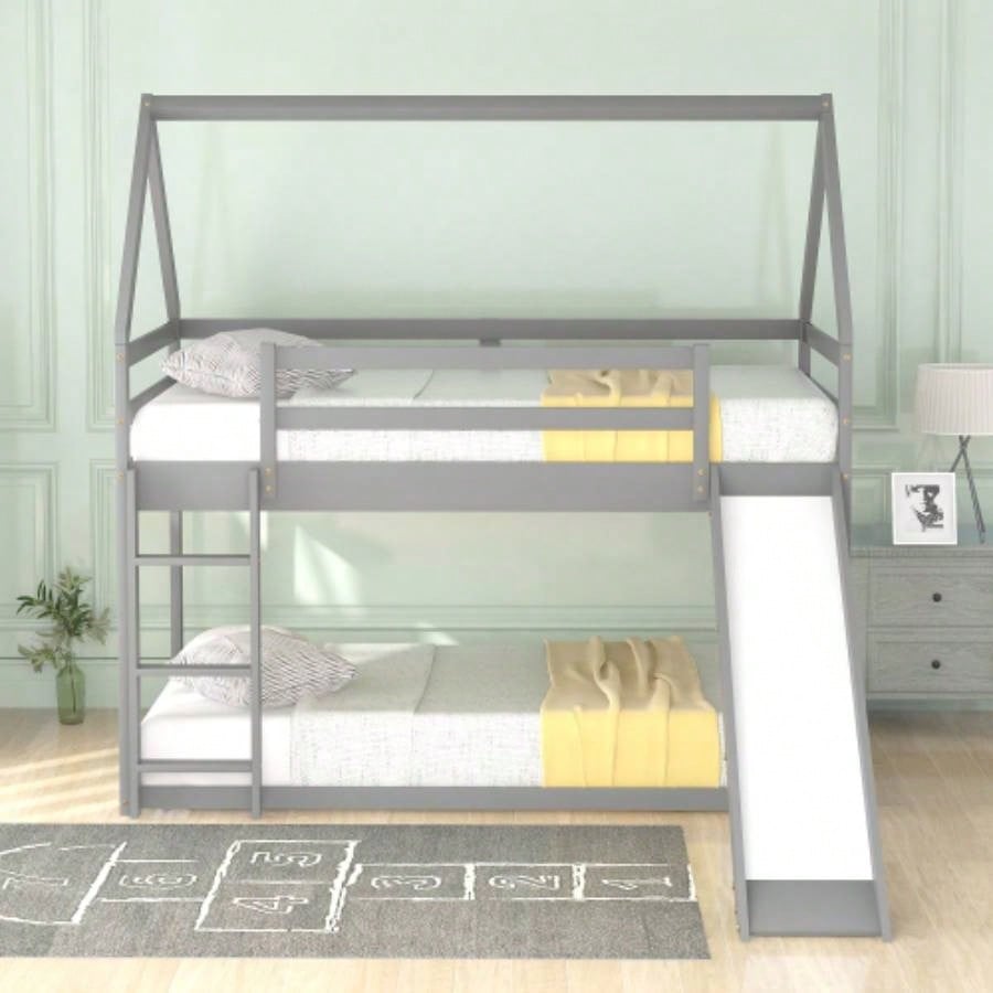 Twin Size Bunk House Bed with Slide and Ladder, Gray