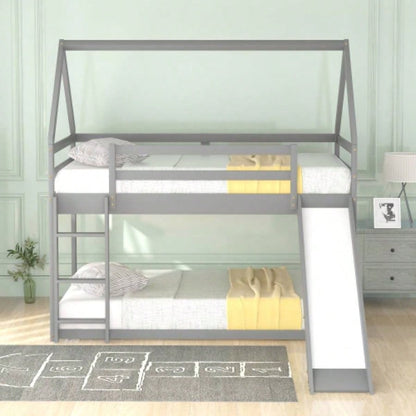 Twin Size Bunk House Bed with Slide and Ladder, Gray