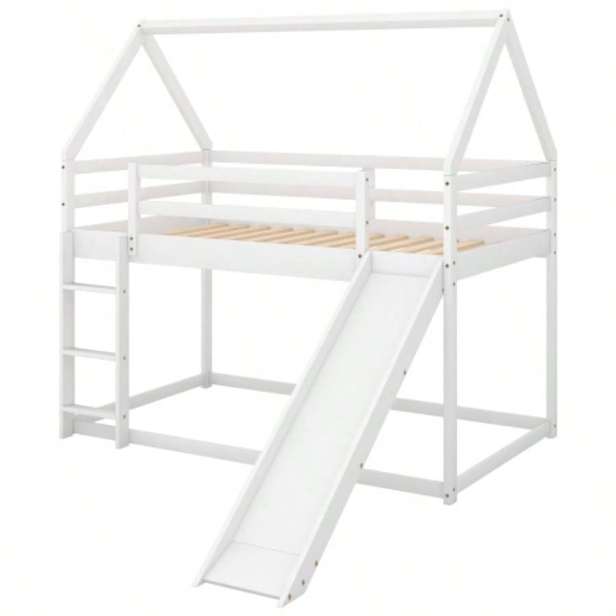 Twin Size Bunk House Bed with Slide and Ladder, White