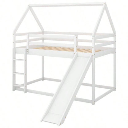 Twin Size Bunk House Bed with Slide and Ladder, White