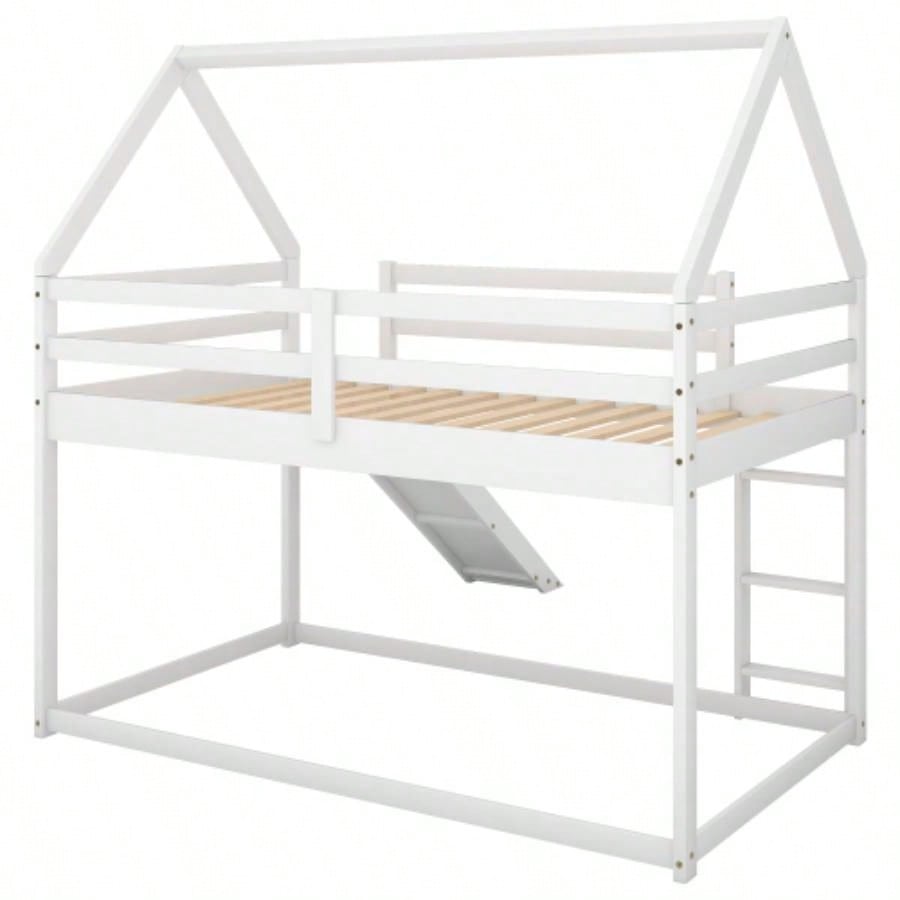 Twin Size Bunk House Bed with Slide and Ladder, White