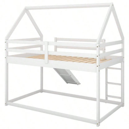 Twin Size Bunk House Bed with Slide and Ladder, White